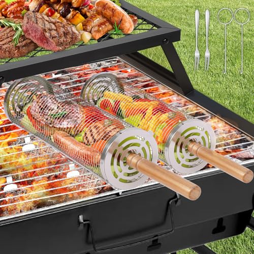 YYAQZD 2 Stück Edelstahl Grillkorb Set,Rolling Große Kapazität grillkorb mit Holzgriff,tragbares Grill zubehör zum Kochen von Fleisch,Fisch und Gemüse im Freien oder beim Camping,perfekte BBQGeschenke