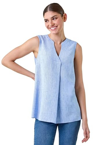 Roman Originals Women Pleated Vest Tank Top Ladies Sleeveless Blouse Shirt Tunic Summer Autumn Holiday V-Neck Work Office Cocktail Party Special Occassion Going Out - Light Denim - Size 12