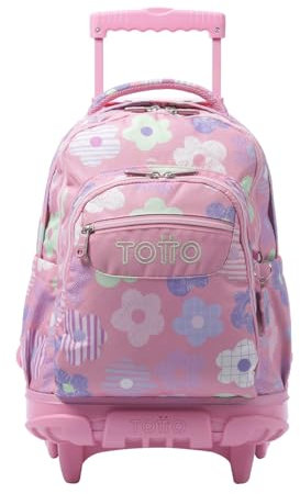 TOTTO - Mochila Escolar con Ruedas, Modelo Renglones, Capacidad 26,21 Litros, Bolsillo para PC 14 y Bolsillo para Botella, Correas en S para Mayor Comodidad, Resistente, Estampado Margaly