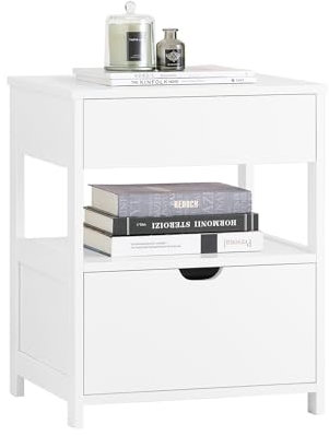 SoBuy Nachttisch, Nachtschrank mit 2 Schubladen und Ablage, Moderner Beistelltisch, Aufbewahrungsschrank für das Schlafzimmer, Beside Table B45 x T38 x H55 cm Weiß FRG258-II-W