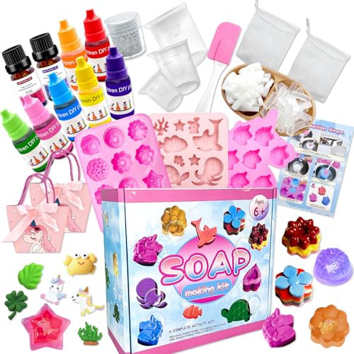 Nlsqw Seife Selber Machen Kinder, Seifen Selber Machen Set mit 500g Seife, Silikonform Seife,Pigment,2 Essentielle Öle und Werkzeuge Seife Herstellen Set für Kindergeburtstag Weihnachts Geschenk