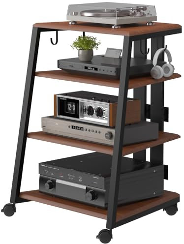 AIMEZO HiFi Rack mit Mikrofonständer & Rädern, Plattenspieler Ständer mit Verstellbaren Ablage, HiFi Regal für Audioanlage, Stereoanlagen, Schallplatten Lagerung
