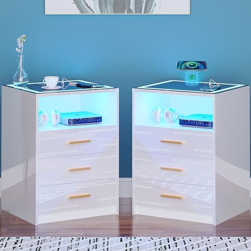 yoofun LED white Nightstand Set of 2 Glass Top, Bedside Table with Wireless Charging Station, High Gloss Smart Sofa Side End Table with 3 Drawers for Living Room Bedroom