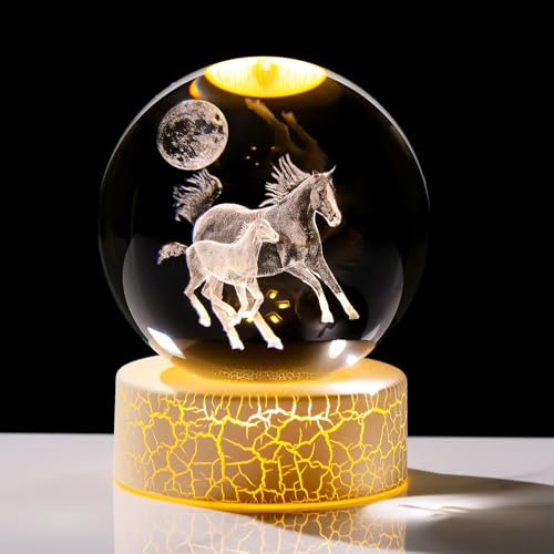 Arikyrist Horse Gifts for Girls Women, 8cm/ 3.15 K9 Crystal Ball Engraved 3D Horses Figurine with LED Warm Light Stand, Collectible Horse Decorative Home Office Ornaments
