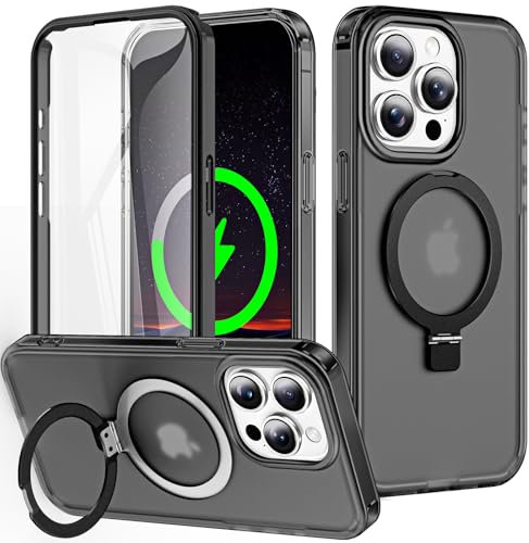 Turquiase for iPhone 15 Pro Full Body Shockproof Case with Magnetic Invisible Stand [Compatible with MagSafe] Built-in Screen Protector Military Drop ProtectionTranslucent Phone Cover -Black