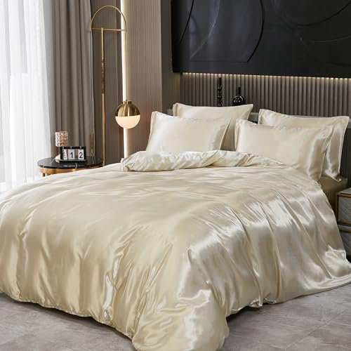 Guchuang Bedding Silk Satin Complete Bedding Set 6 Pieces Beige Double Size Duvet Cover Luxury Shiny Ultra Soft Microfiber Quilt Cover 200x200cm with 1 Fitted Sheet, 4 Pillowcases