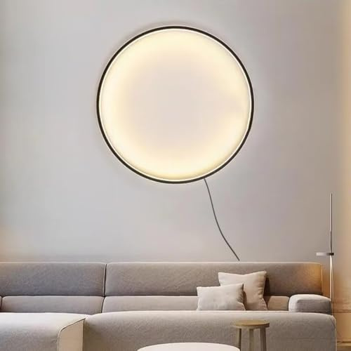 AstrizLamp Kreis Wandleuchte 50cm Schwarz Minimalistische Runde Wandlampe Große Indirektes Licht Dimmbar USB Wohnzimmer LED Ring Wandleuchten mit Stecker, für Geschäft Büro Cafe Flur Arbeitszimmer