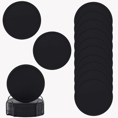 NLONLL 12 Pièces Dessous de Verre Silicone Noir Dessous de sous Verre Rond avec Plateau- Antidérapants et Isolés pour Verre de Bière Tasses à Café Protection de Table pour Tous Types de Tables