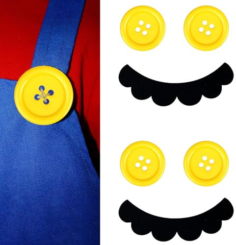 FUKPO 4 Stück Gelbe Knöpfe Groß 38mm und 2 Stück Schnurrbart zum Ankleben, Fasching Kostüm Erwachsene Party Jamboree Deko Bart Bärte zum Ankleben Faschingskostüm Accessoires