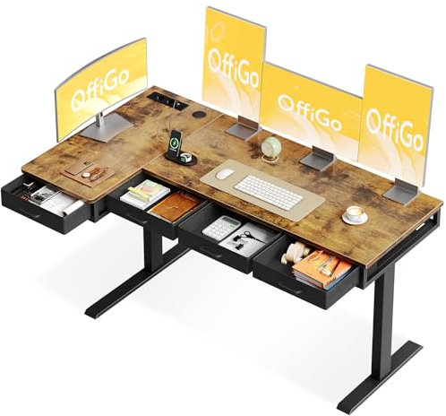 OffiGo Eckschreibtisch Höhenverstellbar, 160cm Höhenverstellbarer Schreibtisch mit 4 Schublade, L-förmiger Tisch mit Steckdose für Büro und Arbeitszimmer, Braun