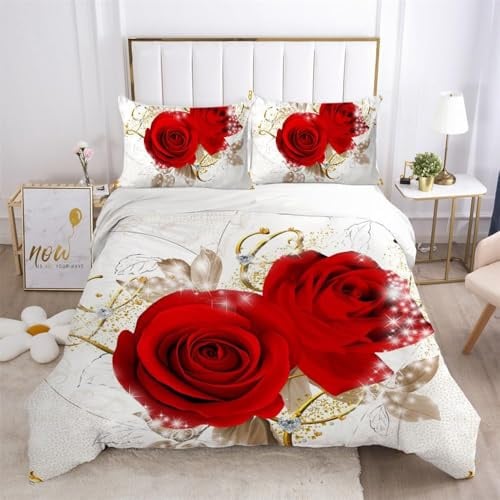 ZZTBQ Rot Rose Bettwäsche 220x240 3teilig Rote Rose 1 Bettbezug 240x220 cm + 2 Kissenbezüge 80X80 cm, Rose rot Bettwäsche-Sets Polyester Mikrofaser mit Reißverschluss