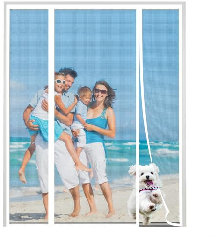 XDMYGTT Anti Mosquito Mesh Fly Curtain, White Double Door Screen Curtain for Sliding Door with Powerful Magnets and Full Frame Magic Tape, for Patio Door, French Door, Shut Automatically, 210x200cm