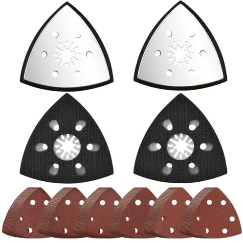 URHELP 4 Stück Schleifplatte Set, 93mm Multitool Schleifplatter, 6-Loch-Dreiecksplatte Kit, Schleifplatte, mit 24 Dreieckschleifer Schleifpapier, für Schleifen Und Polieren