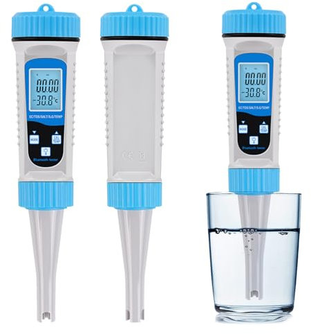 OBEST ec messgerät bluetooth, TDS EC Salzgehalt S.G TEMP 5-in-1 wasserhärte messgerät, digital Wasserqualitätstester App-Steuerung, wassertest für Aquarium, Pool, Aquakultur, Teich, Schwimmbad