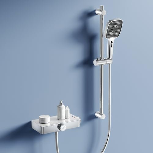 JONKEAN Duscharmatur mit Thermostat, Duscharmatur Komplettset mit Ablage, 70 cm Höhenverstellbar Duschstange mit Brause, 4 Strahlarten Handbrause, Duschkopf Rail kit mit 1,5m Schlauch (Stil B, Chrom)