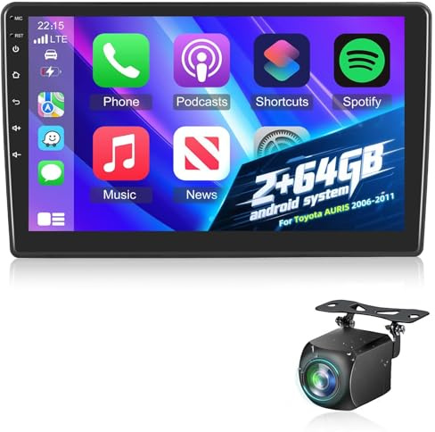2G+64G Android Car Radio para Toyota A-uris 2006-2011 - Wireless Carplay & Android Auto - 10 Pulgadas Stereo con WiFi EQ GPS Mirror Link FM RDS + Cámara de visión Trasera