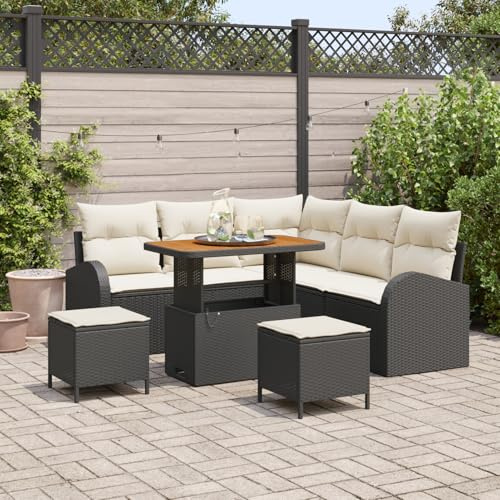 Rantry 8-teiliges Gartensofa-Set mit Kissen Schwarz Poly-Rattan Akazie, 2-Sitzer Gartensofa mit Kissen Schwarz Poly-Rattan, 3-teiliges Garten-Dining-Set mit Kissen Schwarz Poly-Rattan Akazie Gartenlou