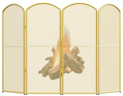 Fireplace Screen Stand Alone Gold Foldable Fireplace Gate 4 Panel Decorative Fireplace Cover Metal Fire Spark Guard for Home Indoor Fireplace, Gold (47.8 W x 31 H)