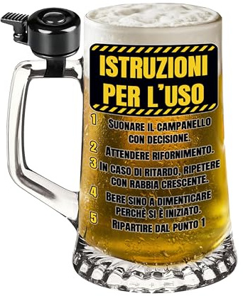 Bombo Boccale da Birra in vetro con Campanello – Stampa Colorata “Istruzioni per l’uso…” con Indicazioni Divertenti – Idea Regalo Spassosa per Amici e Feste