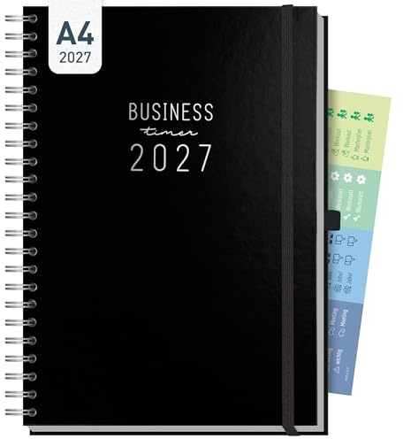 Häfft® Business-Timer Kalender 2027 A4 - Planer Schwarz | 1 Woche 2 Seiten, Buchkalender Wochenkalender mit 30-Minuten-Intervallen & 120 g/m²-Premium-Papier, Hardcover Terminkalender