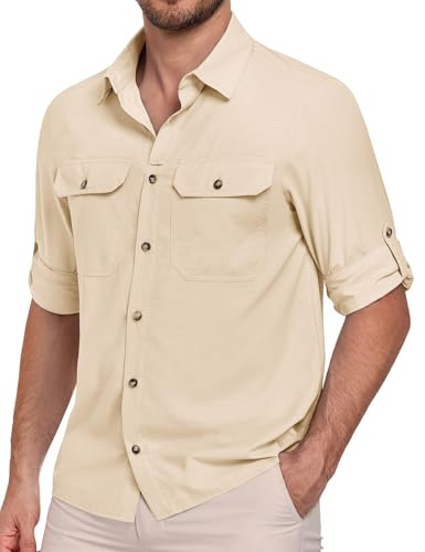 Xnova Camicia Trekking Uomo a Maniche Lunghe UPF50+, Funzionale Camicie Abbottonata Safari Traspirante Tempo Libero Protezione UV Tops con Tasche