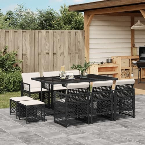 YuuSsea 11-TLG. Garten-Essgruppe mit Kissen Schwarz, Poly Rattan, 165x106x73 cm, platzsparende Outdoor Sitzgruppe, pflegeleichtes Patio Dining Set