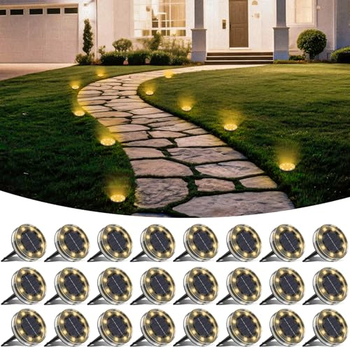 LOTMOS 24 Stück Solar Bodenleuchten Aussen, 8 LED Solarlampen für Außen | IP68 Wasserdicht Solarleuchten Outdoor, Wetterfeste Gartenbeleuchtung Solar für Garten Rasen Gehweg Patio Auffahrt, Warmweiß