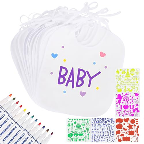 Winload Baby Lätzchen Weiß Zum Bemalen, 12 Stück Klein-Kind Lätzchen Baumwolle mit 12 Farben Textilstiften und 5 Schablonen für Jungen Mädchen, Abwaschbar, Wasserdicht, Geschenk für Babyshower Party