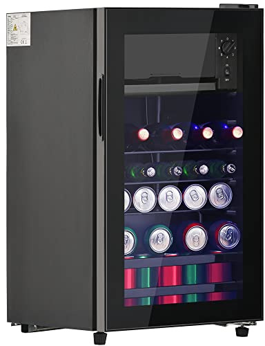 Mini-frigo 76L boissons double-zone compartiment 6L congélation armoire 70L frais compresseur silencieux porte verre trempé LED clayettes modulables 51 canettes classe E 83kWh/an 43dB (Noir)
