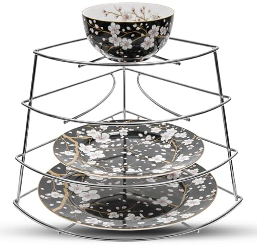 UNIQUE CRAFTS Premium 4-Tier Corner Plate Rack Kitchen Cupboard Storage Organiser Black Dish Stacker & Plate Shelf Stand Space-Saving Cabinet Organiser for Small & Large Plates (23cm) (Silver)