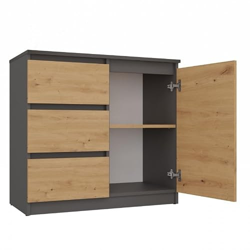CDF Kommode Sideboard 80 cm breit Schubladenkommode Schmal Wohnzimmer Flur | 1 Türen 3 Schubladen - Kommode Schlafzimmer Arbeitszimmer Stauraummöbel Schubladenschrank Haus Büro Eiche Artisan Anthrazit