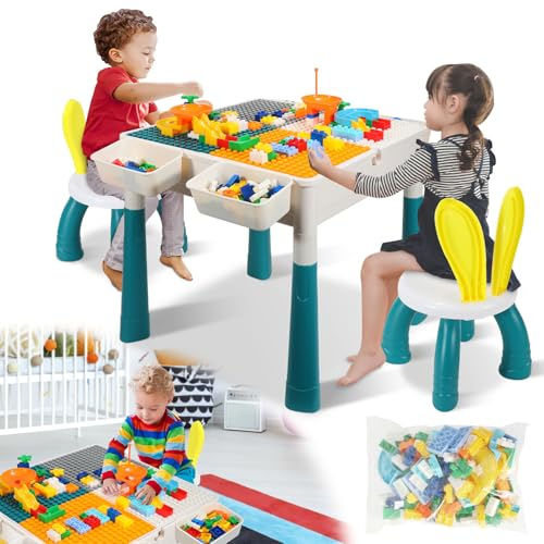 Hebitod Kindertisch mit 2 Stühlen, Bausteintisch 2-in-1 mit Wendplatte, höhenverstellbar 44/51 cm, Spieltisch mit 4 Boxen und Innenfach, 251 Bausteine, Bastel- und Lerntisch, Weiß/Türkis