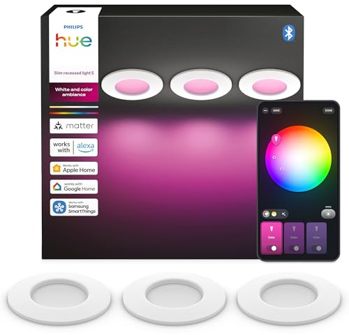 Philips Hue Slim Downlight, Einbaustrahler mit LED-Leuchte, 1.000 lm, 90 mm, Schlankes Design, Vollspektrum-Tagesl. 1.000–20.000 K, Stufenlos Dimmbar, Präzise Farbe, Smart Lighting, Weiß, 3er-Pack