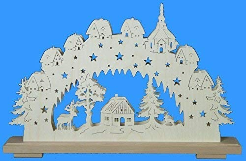 Rudolphs Schatzkiste Schwibbogen mit Seiffener Dorf Kirche und Beleuchtung BxHxT 50x31x7cm NEU Lichterbogen Fensterbogen Spitzbogen Erzgebirge Seiffen Weihnachten Licht Holz Dekoration Beleuchtung