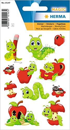 HERMA 15147 Aufkleber Wurm klein groß, 11 Stück, Wackelaugen Tiere Sticker mit Raupe Apfel Motiv, Kinder Etiketten für Fotoalbum Tagebuch Poesiealbum Scrapbooking Geburtstag Dekoration Briefe Basteln