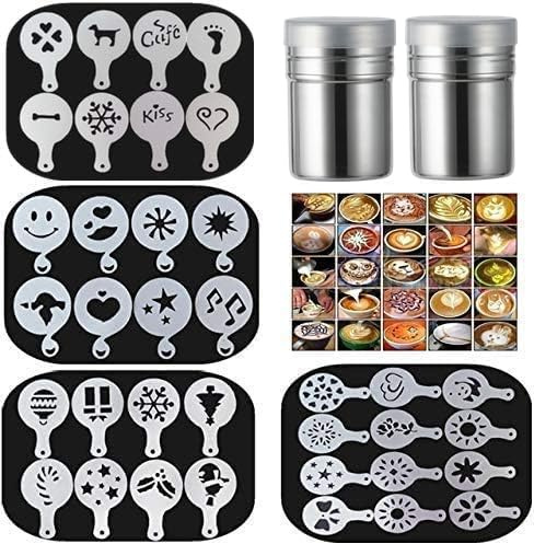 36 Coffee Decorating Stencils + 2 Stainless Steel Mesh Powder Shaker, Magnoloran Foam Latte Art Stencils Barista Templates for Decorating Oatmeal Cupcake Cake Cappuccino Mousse Hot Chocolate