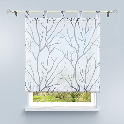 HongYa Raffrollo mit Schlaufen Transparente Raffgardine Voile Schlaufenrollo Küche Kleinfenster Gardine mit Äste Muster H/B 140/140 cm Weiß Grau
