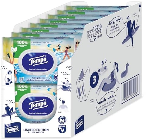 Tempo Feuchtes Toilettenpapier Mein Verwöhnmoment Limited Edition - wechselnde Designs, Ohne Farbstoffe, Wiederverschließbar, Vorteilspack, 16 x 42 Feuchttücher