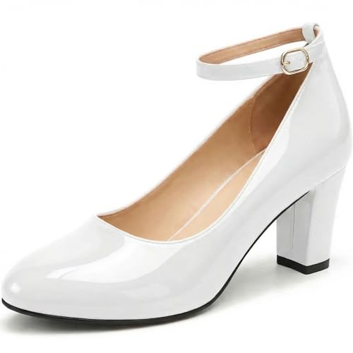 Womens Ladies Block Heel Ankle Strap Work Court Evening Dress Girls Shoes Pumps UK Size 3-12 (4 UK, White Patent)