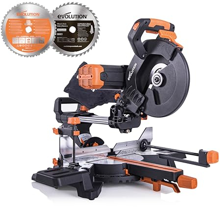 Evolution Power Tools R255SMS-DB+ Double Bevel Sliding Mitre Saw, Multi-Material Cuts Metal, Wood, Plastic & More - with Plus Pack includes Clamps, Dust Bag & Blades, 255mm (230V)