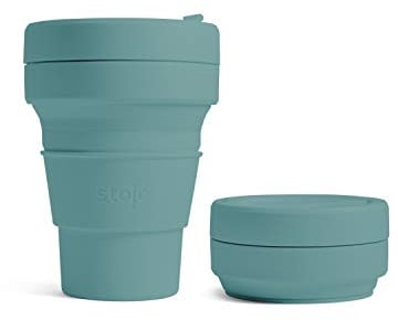 STOJO On-The-Go Collapsible Coffee Cup - 12oz / 355ml - Reusable & Foldable Silicone Travel Mug with Lid - Portable, Pocket Size - Dishwasher Safe - Eucalyptus