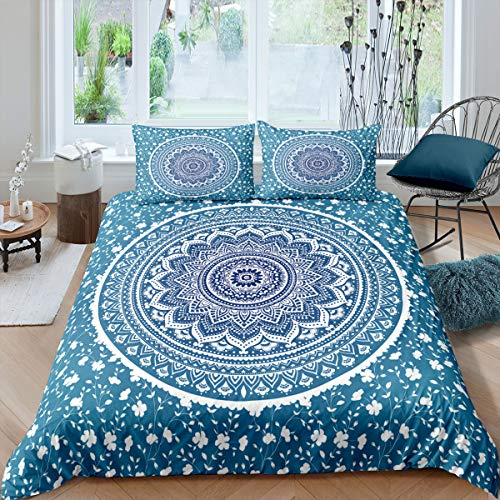 Loussiesd Blau Mandala Bettwäsche Set 155x220cm Böhmische Blumen Bettbezug Set Mikrofaser Bettwäsche Indisch Exotisch Boho Betten Set mit 1 Kissenbezug 80x80cm Weiche Atmungsaktiv