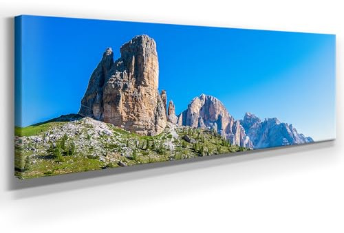 BilderKing Bergpanorama Leinwand - Cinque Torri, fünf Türme - als 150x50cm großes XXL Leinwandbild. Wandbild als Hintergrund und Deko für Wohnzimmer & Schlafzimmer. Aufgespannt auf Holzrahmen