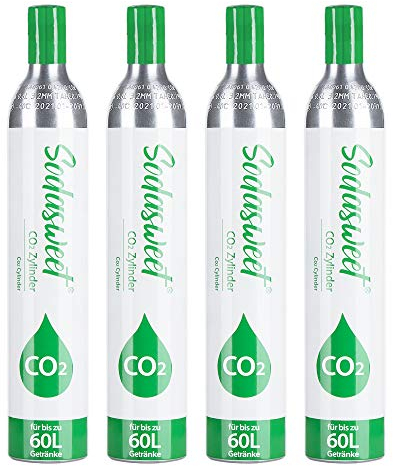 SODASWEET 4 x CO2 Zylinder, Neu & Erstbefüllt in Deutschland, Kohlensäure Zylinder Soda Zylinder 425g Kohlensäure für ca. 60 L Wasser, geeignet für Sodastream Wassersprudler usw, 10 Jahre TÜV