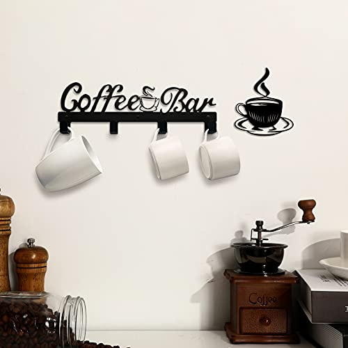 Lot de 2 supports muraux en métal avec 4 crochets pour tasses à café - Style moderne - Décoration murale pour bar, cuisine, café