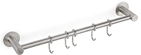 Emuca - Colgador adhesivo utensilios de cocina para mueble, Organizador de utensilios con 5 ganchos, acero inoxidable