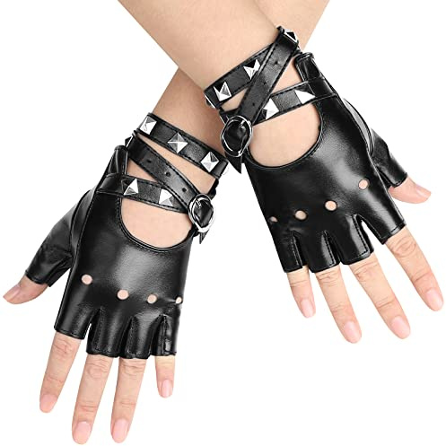 Accmor Leather Punk Gloves Fingerless Gloves for Women Driving Cycling Sports Cosplay Performance Half Finger Gloves for Women Teens Kids
