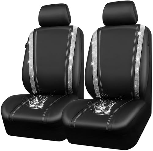 CAR PASS Wasserdicht Leder Autositzbezüge, Bling Diamant 2 Vordersitzbezüge, Glänzend Kristall Glitzernd, Universal für 95% Aller Automobile LKW SUV, Frauen Männer(Vordersitze, Silber)