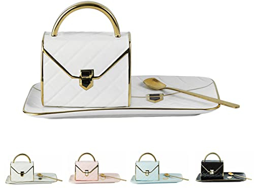 CAERMA Handtaschen-förmige kreative Tasse Tasche Form Keramik Kaffeetasse Untertasse mit Löffel Gold Handtasche Styling Tasse Milch Tee Saft Wasser Desktop Dekor (weiß)