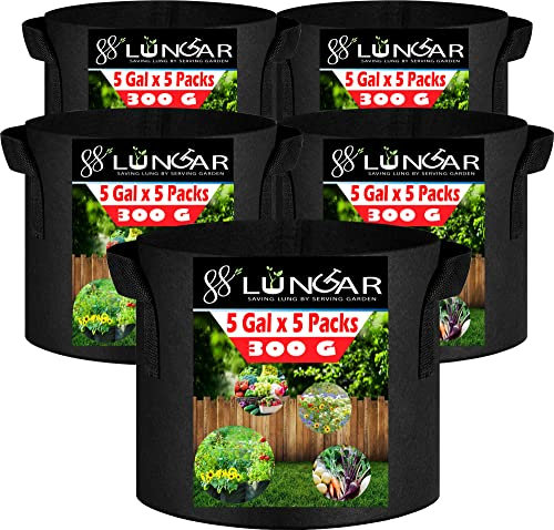 LUNGAR Lot de 5 sacs de culture pour plantes – Pot de fleurs de 19 litres, tissu non tissé épais, aération la plus épaisse de 300 g, poignées renforcées pour pot de chambre d'enfant, double couture